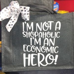 BLACK TOTE BURLAP JUTE BAG WITH WHITE GLITTER LETTERING